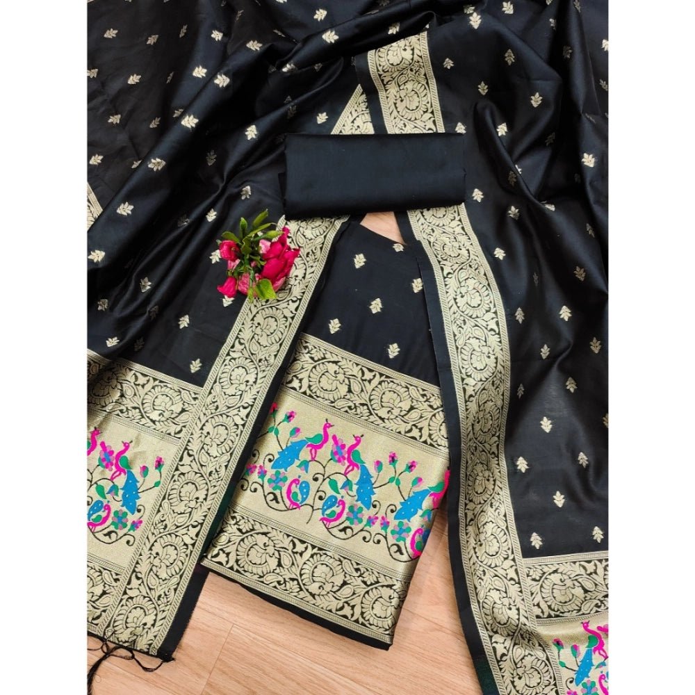Generic Women's Banarasi Silk Printed Unstitched Salwar Suit Material With Dupatta (Black, 3Mtrs) - Salwar Suit - Material