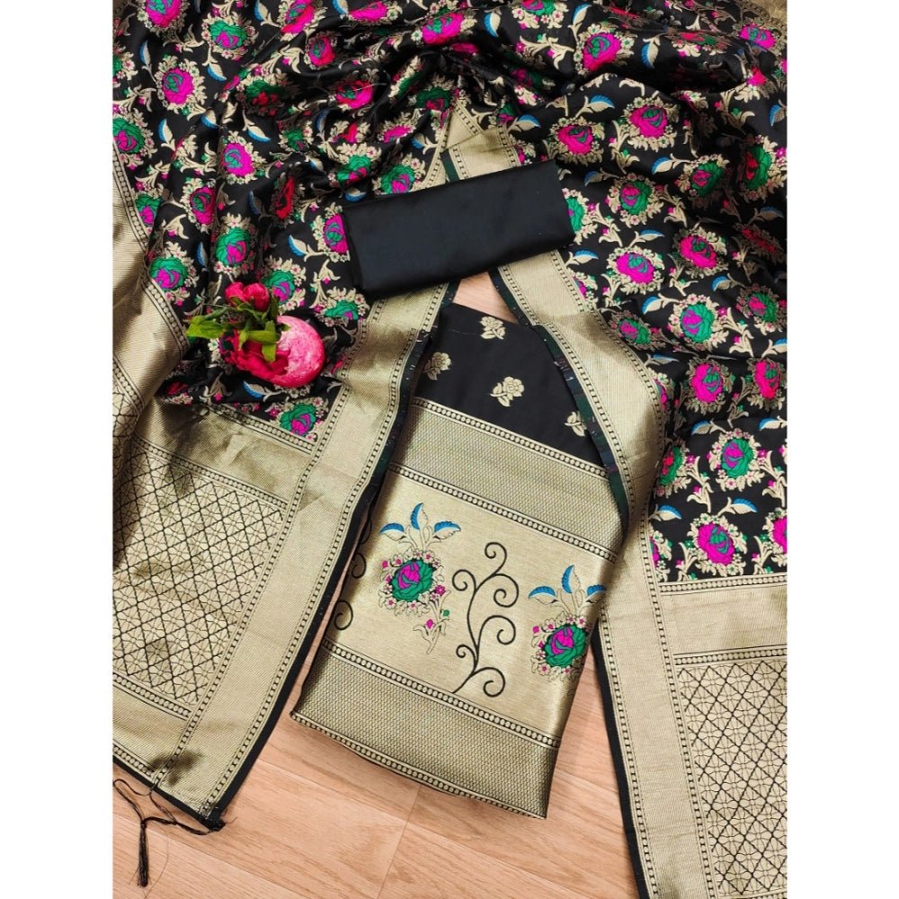 Generic Women's Banarasi Silk Printed Unstitched Salwar Suit Material With Dupatta (Black, 3Mtrs) - Salwar Suit - Material