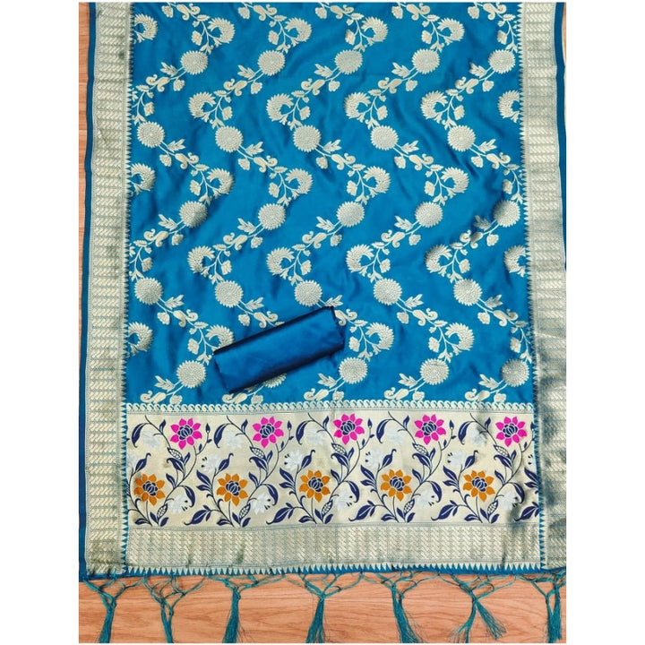 Generic Women's Banarasi Silk Printed Unstitched Salwar Suit Material With Dupatta (Blue, 3Mtrs) - Salwar Suit - Material