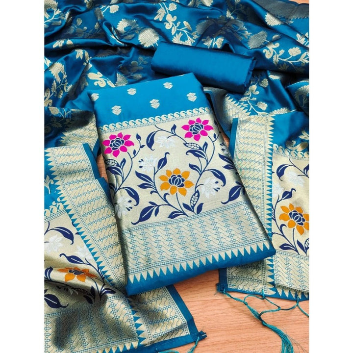Generic Women's Banarasi Silk Printed Unstitched Salwar Suit Material With Dupatta (Blue, 3Mtrs) - Salwar Suit - Material