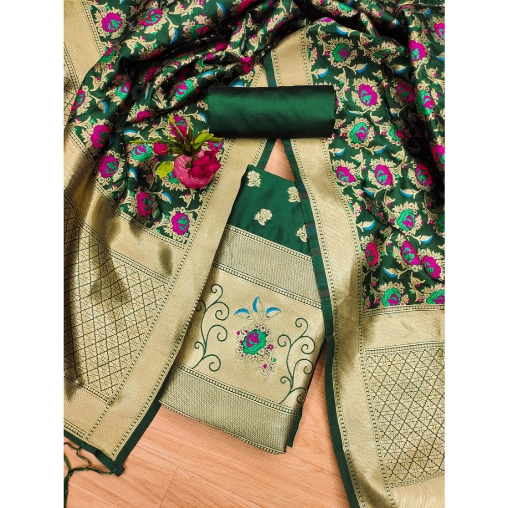 Generic Women's Banarasi Silk Printed Unstitched Salwar Suit Material With Dupatta (Green, 3Mtrs) - Salwar Suit - Material