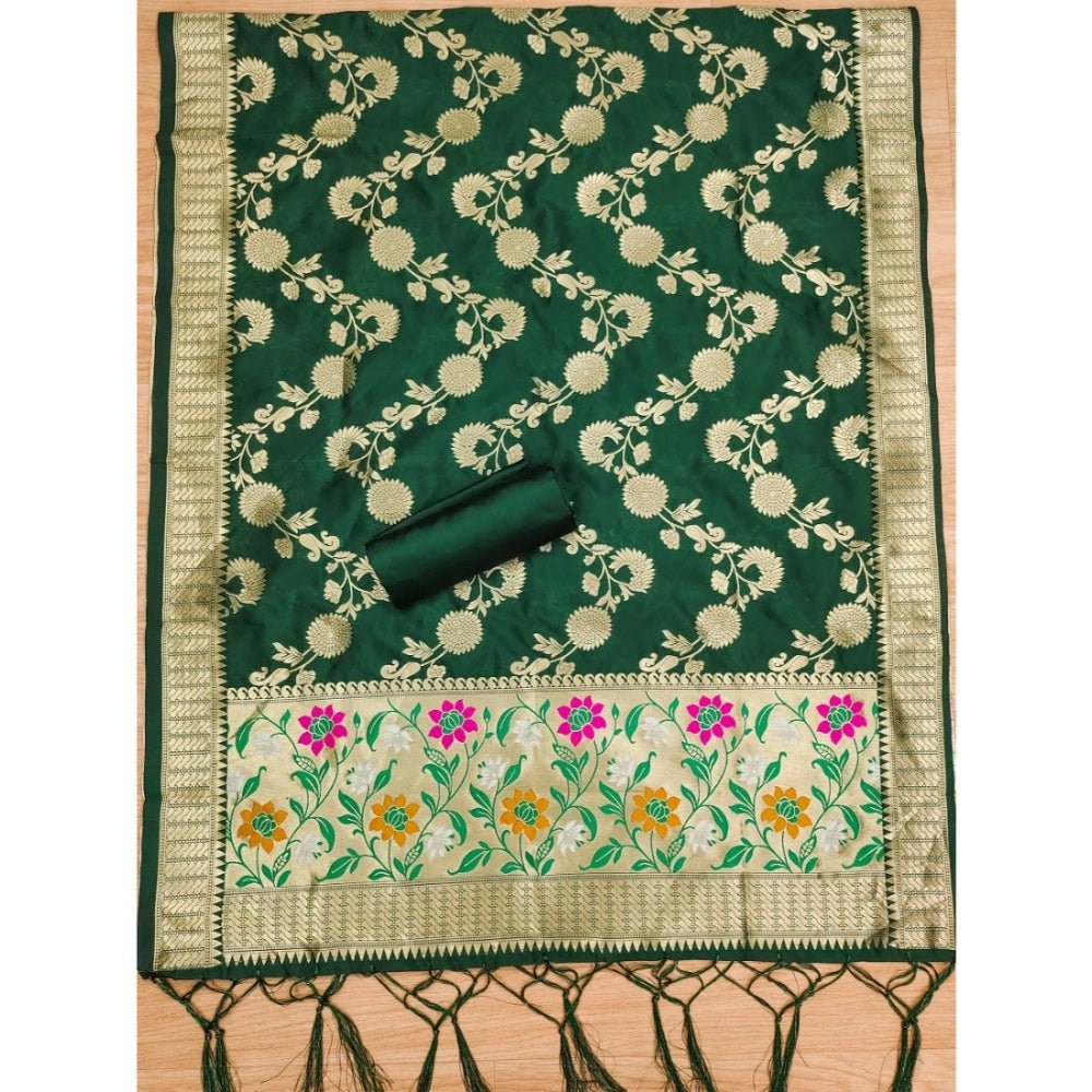 Generic Women's Banarasi Silk Printed Unstitched Salwar Suit Material With Dupatta (Green, 3Mtrs) - Salwar Suit - Material