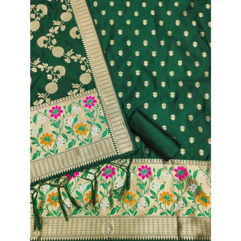 Generic Women's Banarasi Silk Printed Unstitched Salwar Suit Material With Dupatta (Green, 3Mtrs) - Salwar Suit - Material