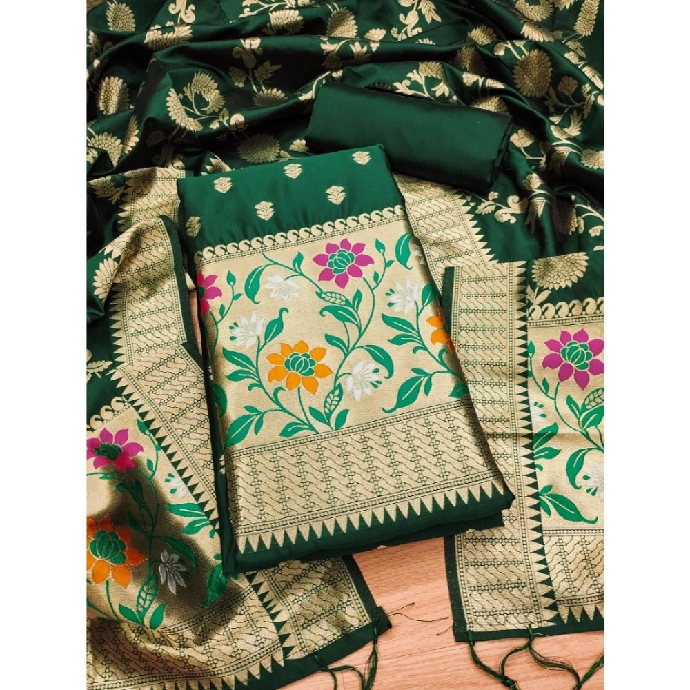 Generic Women's Banarasi Silk Printed Unstitched Salwar Suit Material With Dupatta (Green, 3Mtrs) - Salwar Suit - Material