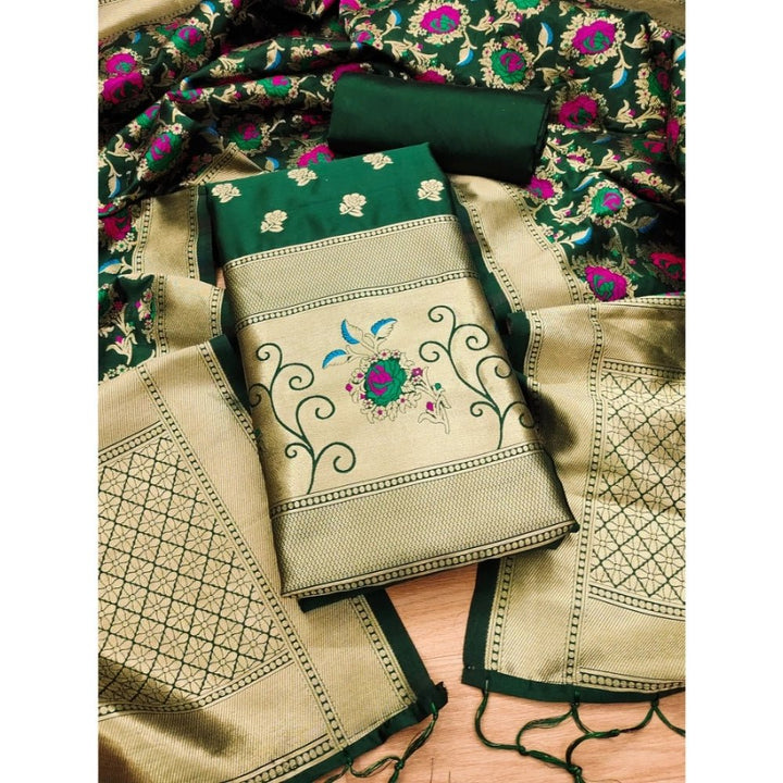 Generic Women's Banarasi Silk Printed Unstitched Salwar Suit Material With Dupatta (Green, 3Mtrs) - Salwar Suit - Material