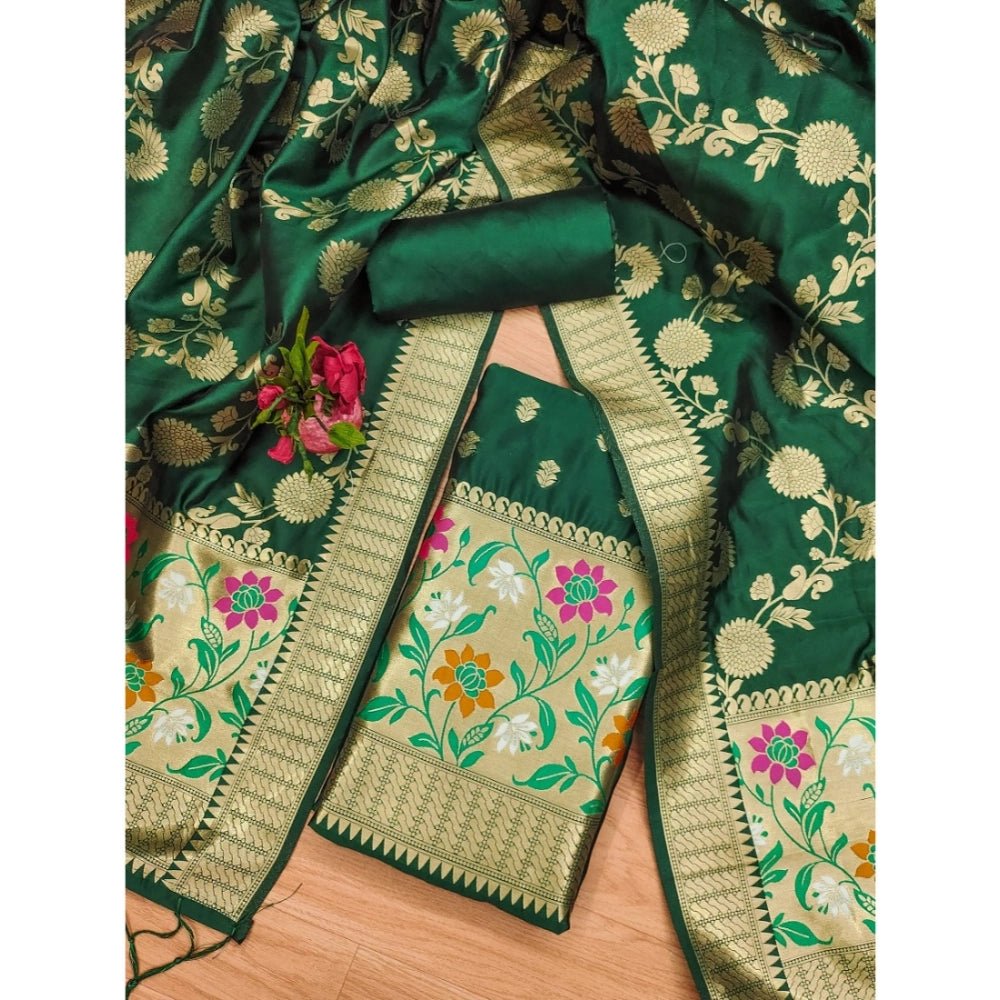 Generic Women's Banarasi Silk Printed Unstitched Salwar Suit Material With Dupatta (Green, 3Mtrs) - Salwar Suit - Material