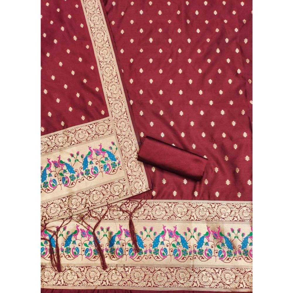 Generic Women's Banarasi Silk Printed Unstitched Salwar Suit Material With Dupatta (Maroon, 3Mtrs) - Salwar Suit - Material