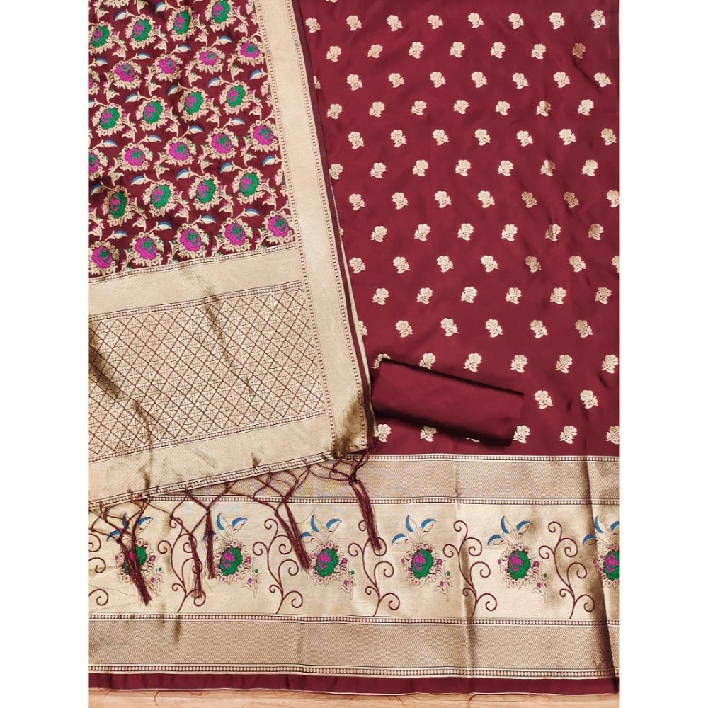 Generic Women's Banarasi Silk Printed Unstitched Salwar Suit Material With Dupatta (Maroon, 3Mtrs) - Salwar Suit - Material