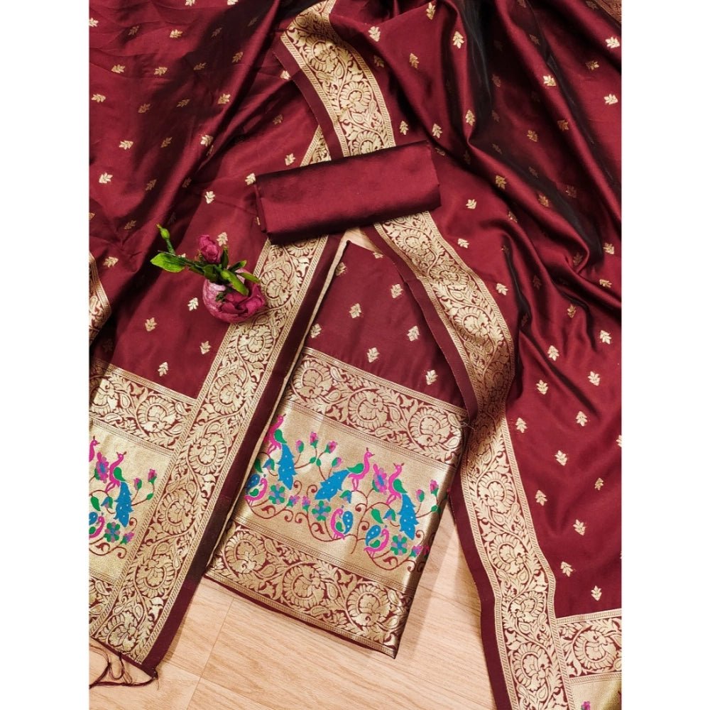 Generic Women's Banarasi Silk Printed Unstitched Salwar Suit Material With Dupatta (Maroon, 3Mtrs) - Salwar Suit - Material