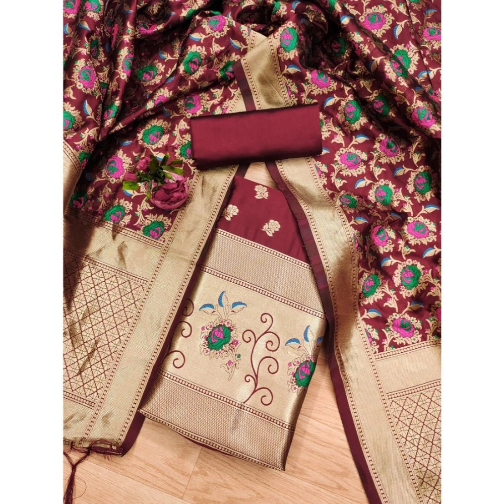 Generic Women's Banarasi Silk Printed Unstitched Salwar Suit Material With Dupatta (Maroon, 3Mtrs) - Salwar Suit - Material