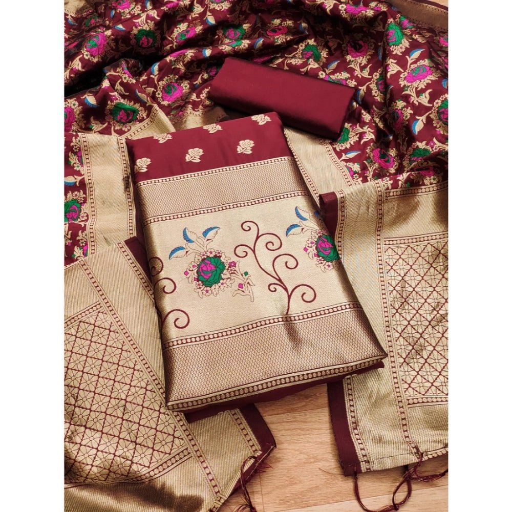 Generic Women's Banarasi Silk Printed Unstitched Salwar Suit Material With Dupatta (Maroon, 3Mtrs) - Salwar Suit - Material