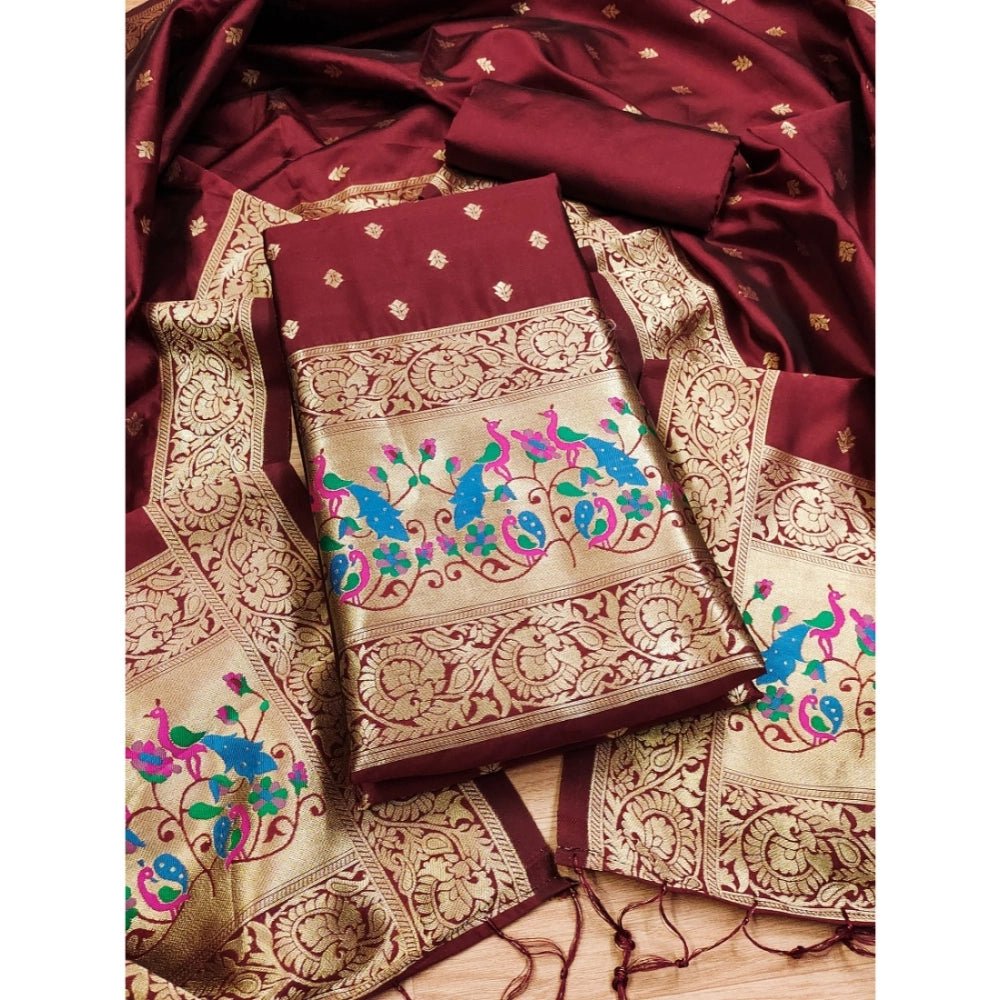 Generic Women's Banarasi Silk Printed Unstitched Salwar Suit Material With Dupatta (Maroon, 3Mtrs) - Salwar Suit - Material