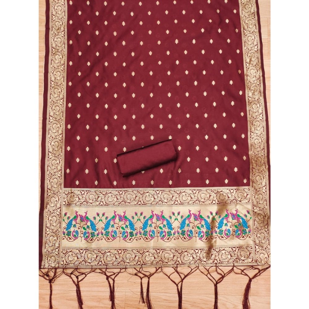 Generic Women's Banarasi Silk Printed Unstitched Salwar Suit Material With Dupatta (Maroon, 3Mtrs) - Salwar Suit - Material