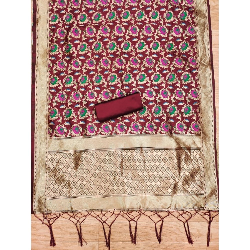 Generic Women's Banarasi Silk Printed Unstitched Salwar Suit Material With Dupatta (Maroon, 3Mtrs) - Salwar Suit - Material