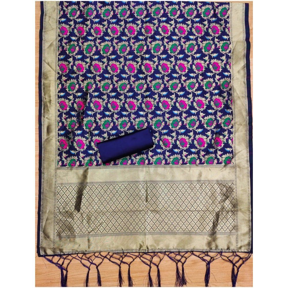 Generic Women's Banarasi Silk Printed Unstitched Salwar Suit Material With Dupatta (Navy Blue, 3Mtrs) - Salwar Suit - Material