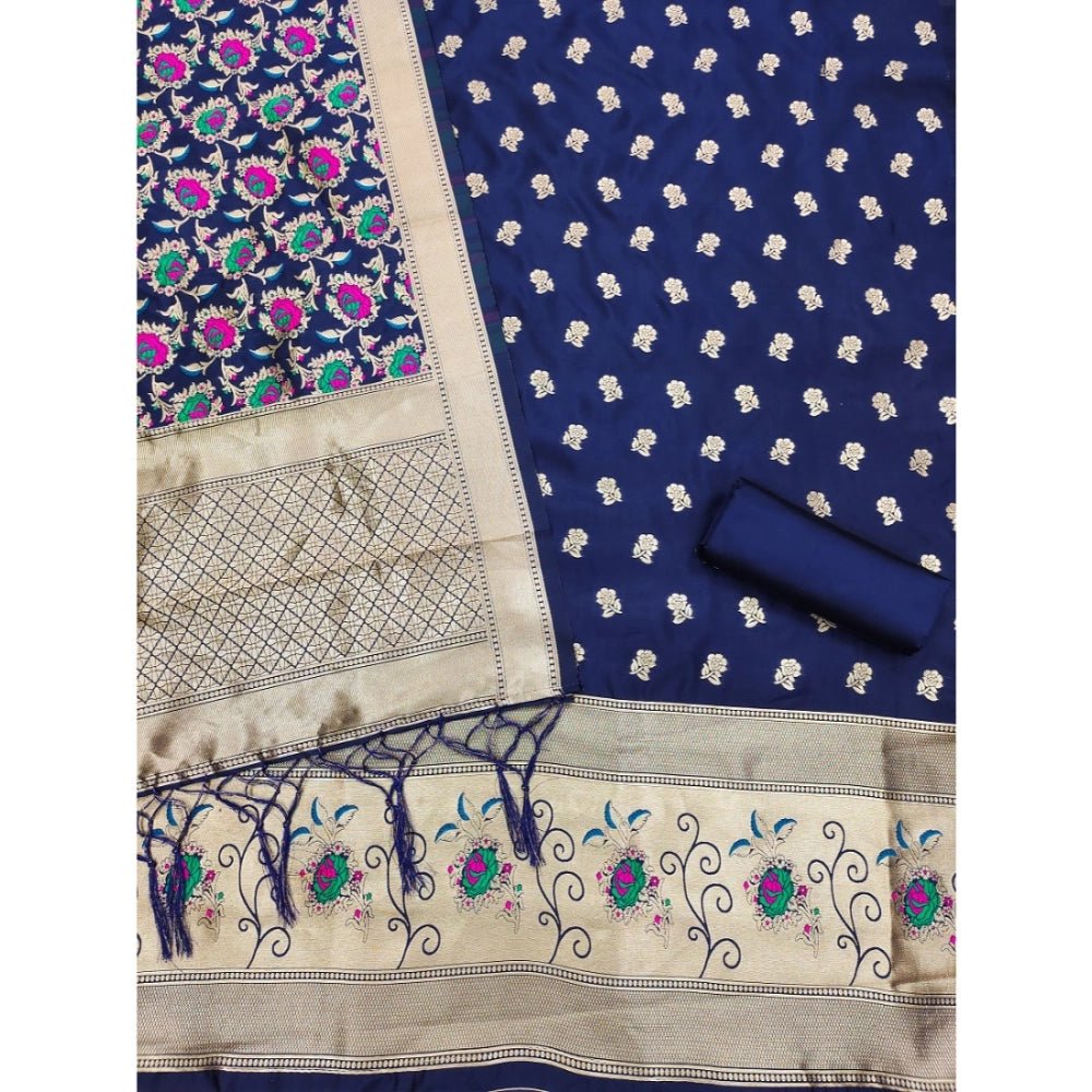 Generic Women's Banarasi Silk Printed Unstitched Salwar Suit Material With Dupatta (Navy Blue, 3Mtrs) - Salwar Suit - Material