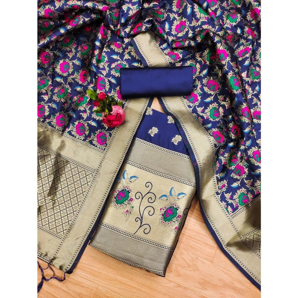 Generic Women's Banarasi Silk Printed Unstitched Salwar Suit Material With Dupatta (Navy Blue, 3Mtrs) - Salwar Suit - Material