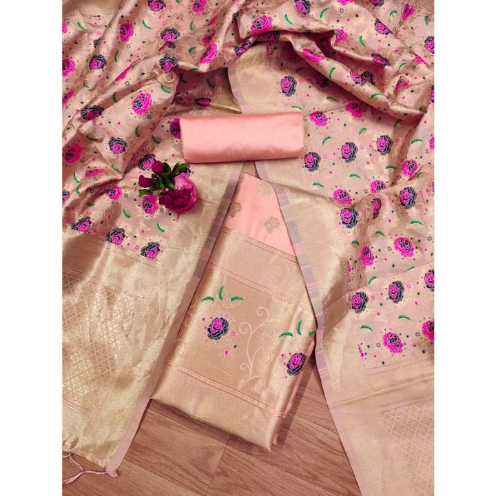 Generic Women's Banarasi Silk Printed Unstitched Salwar Suit Material With Dupatta (Peach, 3Mtrs) - Salwar Suit - Material