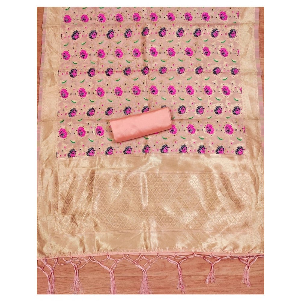 Generic Women's Banarasi Silk Printed Unstitched Salwar Suit Material With Dupatta (Peach, 3Mtrs) - Salwar Suit - Material