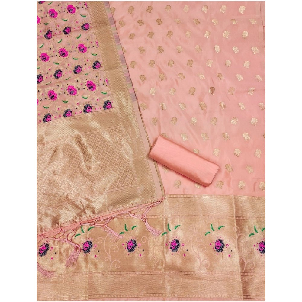 Generic Women's Banarasi Silk Printed Unstitched Salwar Suit Material With Dupatta (Peach, 3Mtrs) - Salwar Suit - Material