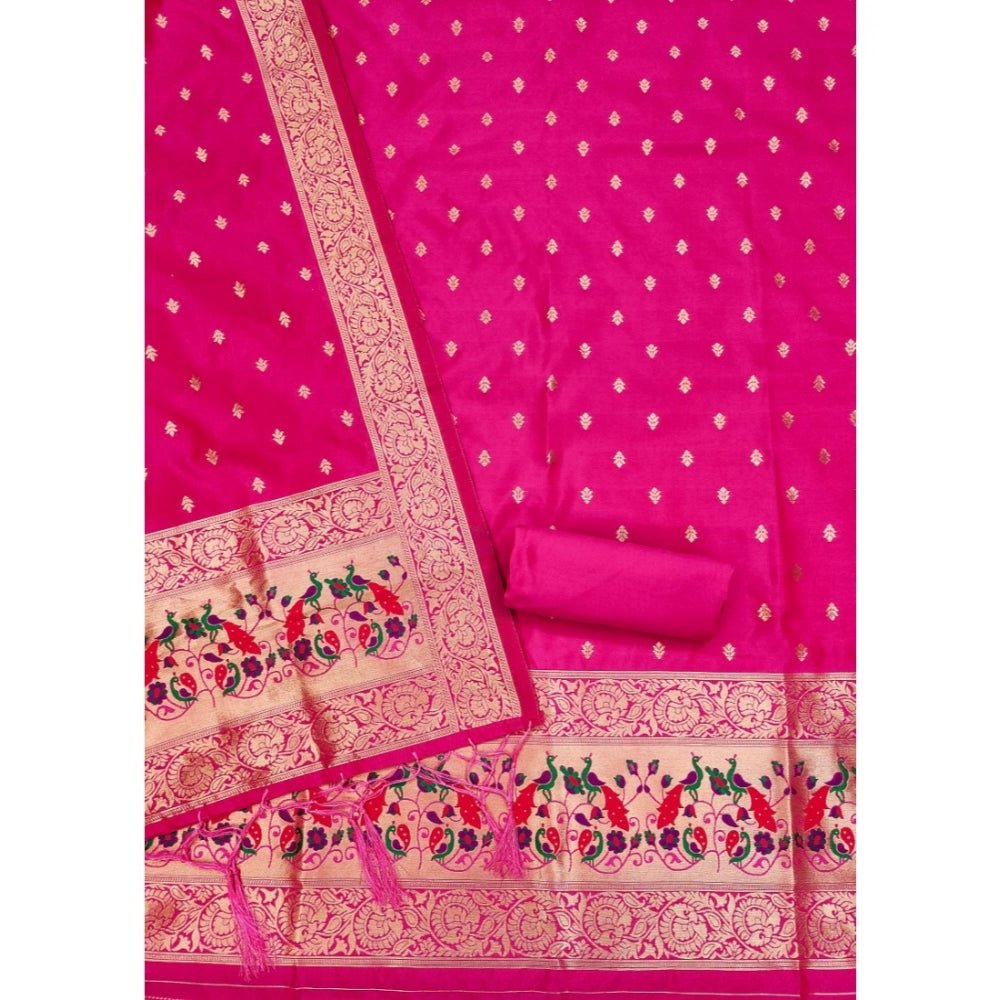 Generic Women's Banarasi Silk Printed Unstitched Salwar Suit Material With Dupatta (Pink, 3Mtrs) - Salwar Suit - Material
