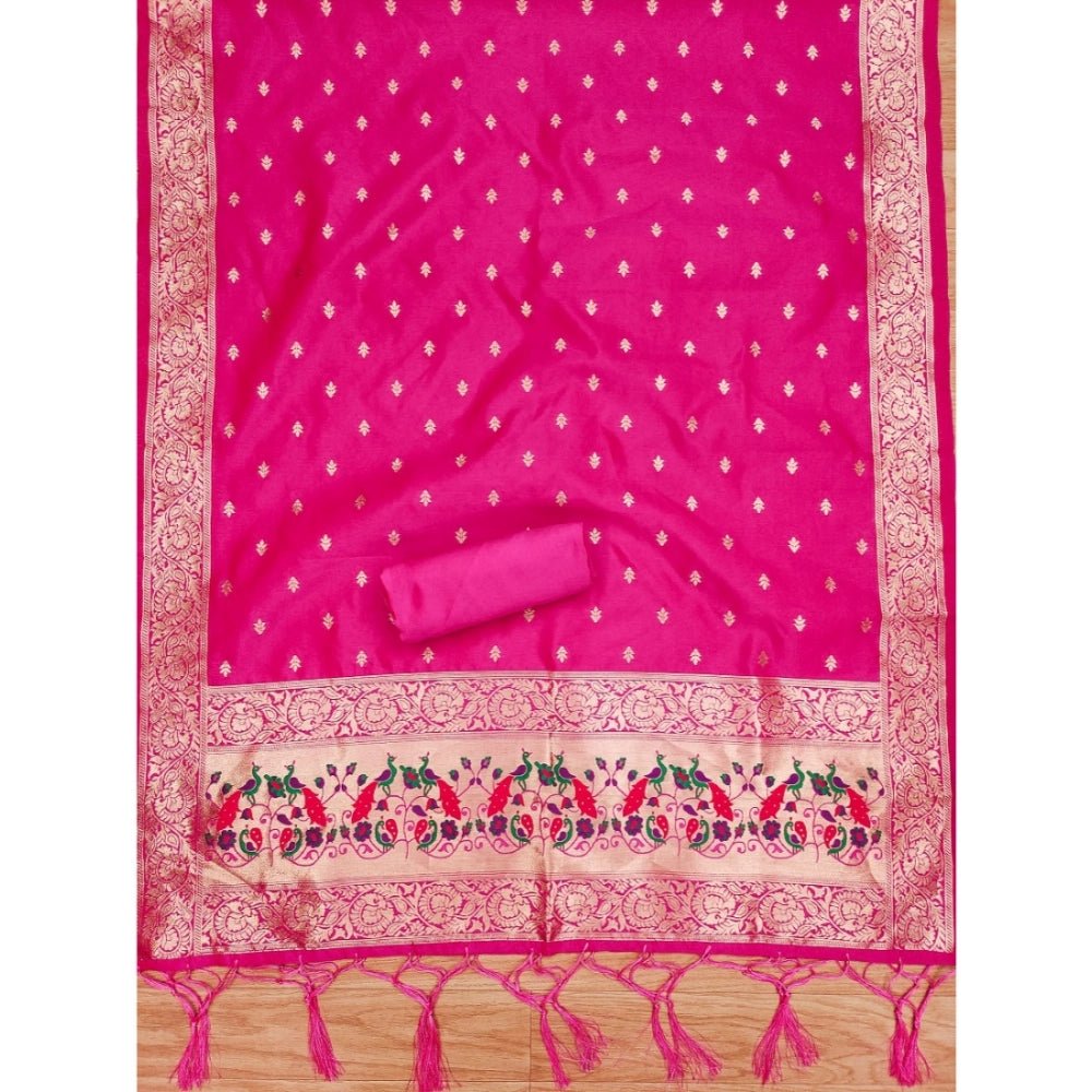 Generic Women's Banarasi Silk Printed Unstitched Salwar Suit Material With Dupatta (Pink, 3Mtrs) - Salwar Suit - Material