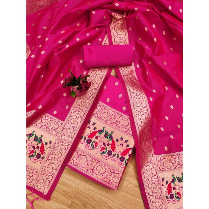 Generic Women's Banarasi Silk Printed Unstitched Salwar Suit Material With Dupatta (Pink, 3Mtrs) - Salwar Suit - Material