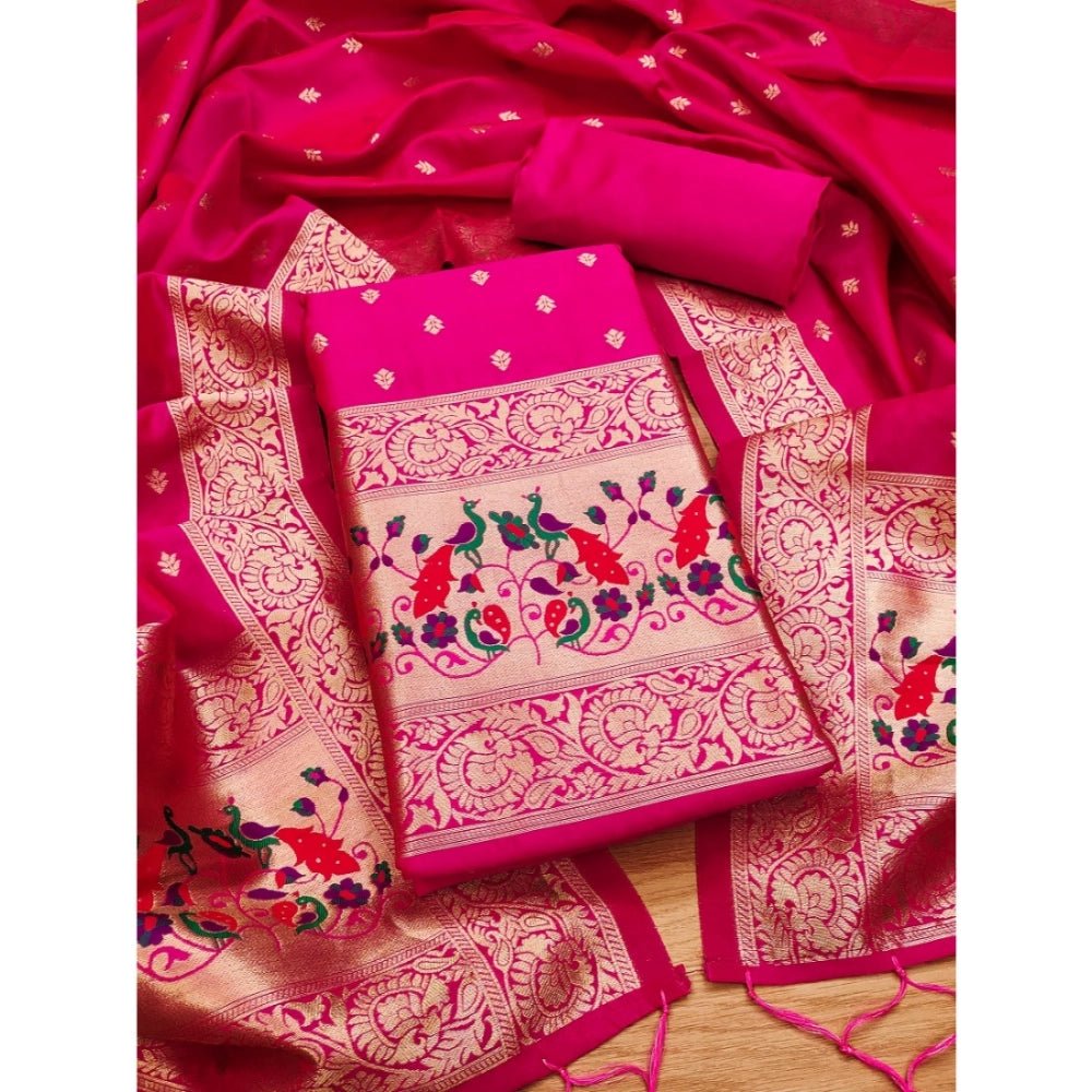 Generic Women's Banarasi Silk Printed Unstitched Salwar Suit Material With Dupatta (Pink, 3Mtrs) - Salwar Suit - Material