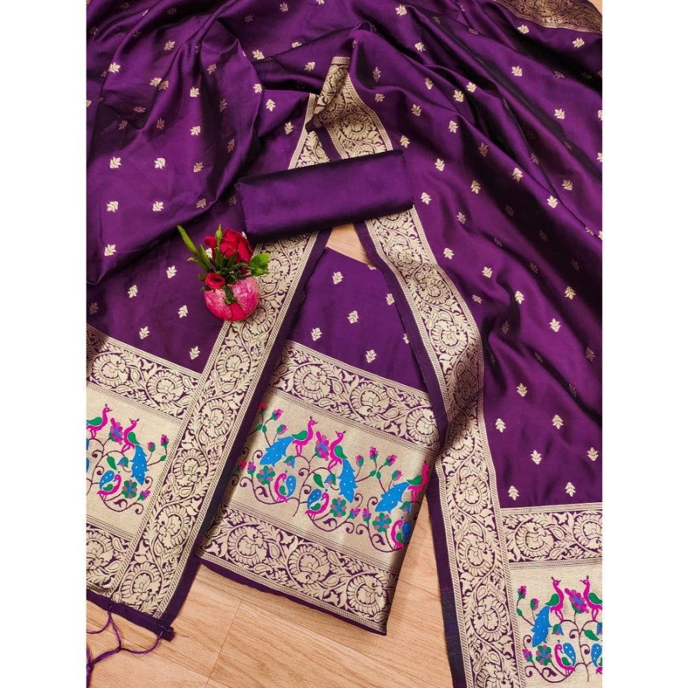 Generic Women's Banarasi Silk Printed Unstitched Salwar Suit Material With Dupatta (Purple, 3Mtrs) - Salwar Suit - Material