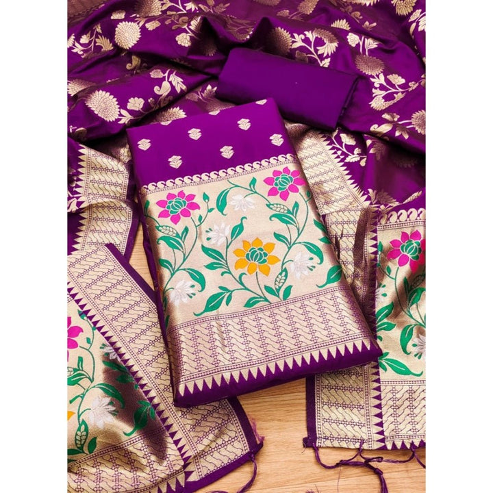 Generic Women's Banarasi Silk Printed Unstitched Salwar Suit Material With Dupatta (Purple, 3Mtrs) - Salwar Suit - Material