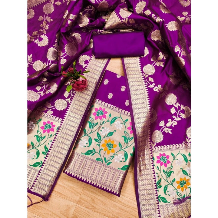 Generic Women's Banarasi Silk Printed Unstitched Salwar Suit Material With Dupatta (Purple, 3Mtrs) - Salwar Suit - Material