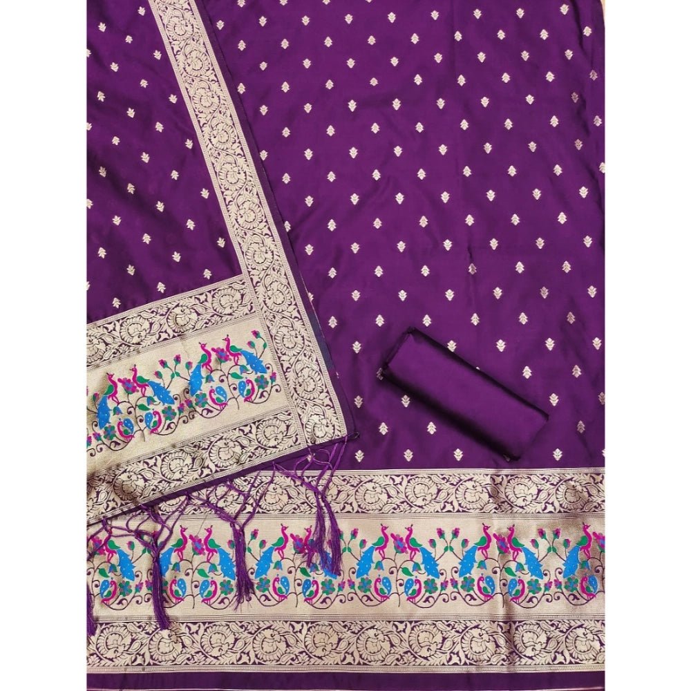 Generic Women's Banarasi Silk Printed Unstitched Salwar Suit Material With Dupatta (Purple, 3Mtrs) - Salwar Suit - Material