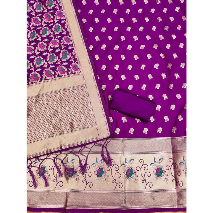 Generic Women's Banarasi Silk Printed Unstitched Salwar Suit Material With Dupatta (Purple, 3Mtrs) - Salwar Suit - Material