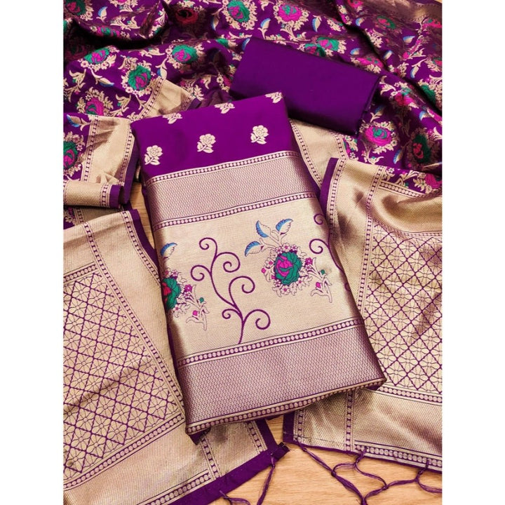Generic Women's Banarasi Silk Printed Unstitched Salwar Suit Material With Dupatta (Purple, 3Mtrs) - Salwar Suit - Material