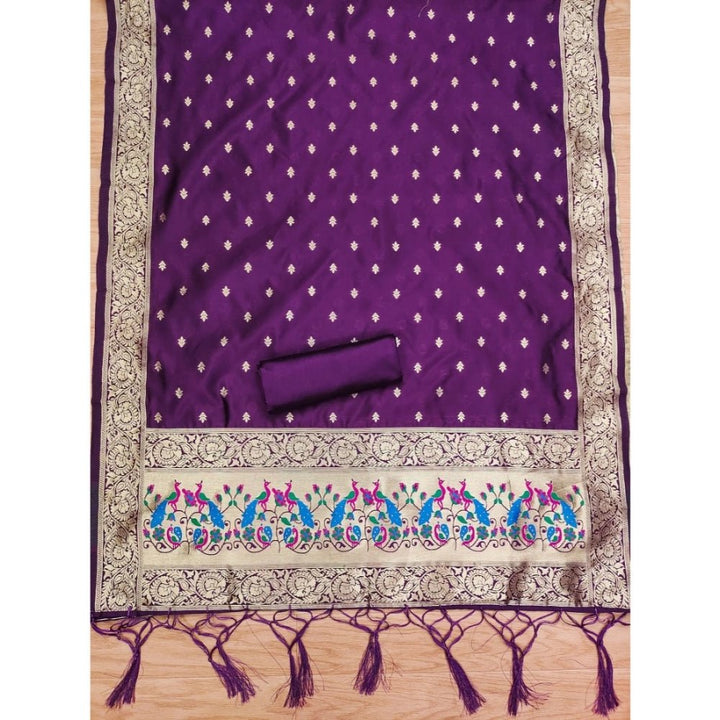 Generic Women's Banarasi Silk Printed Unstitched Salwar Suit Material With Dupatta (Purple, 3Mtrs) - Salwar Suit - Material