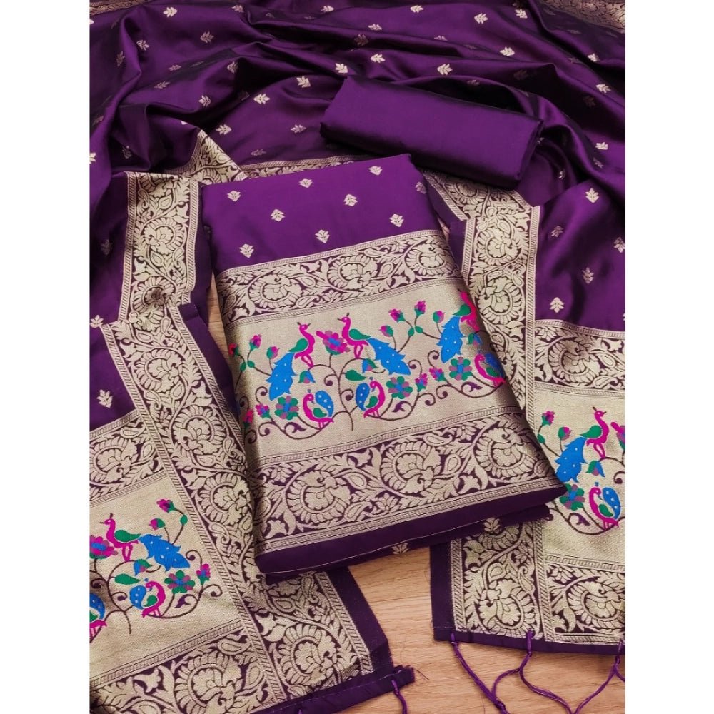 Generic Women's Banarasi Silk Printed Unstitched Salwar Suit Material With Dupatta (Purple, 3Mtrs) - Salwar Suit - Material