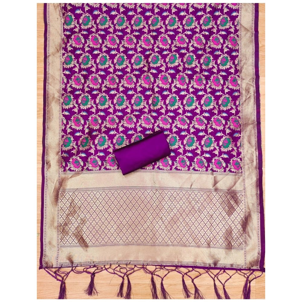 Generic Women's Banarasi Silk Printed Unstitched Salwar Suit Material With Dupatta (Purple, 3Mtrs) - Salwar Suit - Material