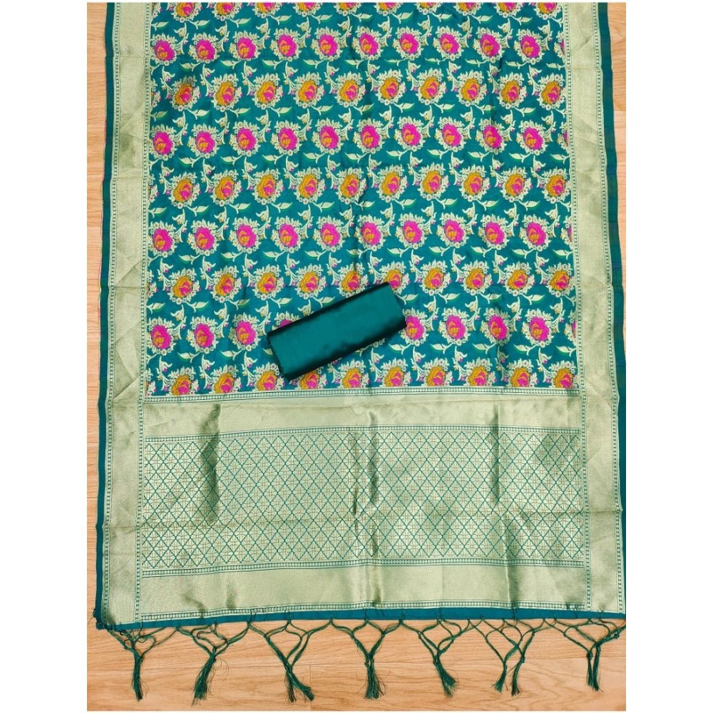 Generic Women's Banarasi Silk Printed Unstitched Salwar Suit Material With Dupatta (Rama, 3Mtrs) - Salwar Suit - Material