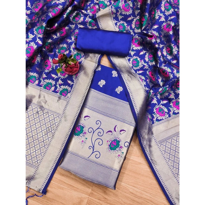 Generic Women's Banarasi Silk Printed Unstitched Salwar Suit Material With Dupatta (Rblue, 3Mtrs) - Salwar Suit - Material