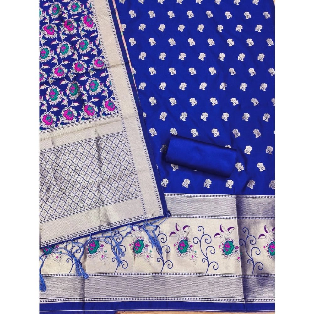 Generic Women's Banarasi Silk Printed Unstitched Salwar Suit Material With Dupatta (Rblue, 3Mtrs) - Salwar Suit - Material