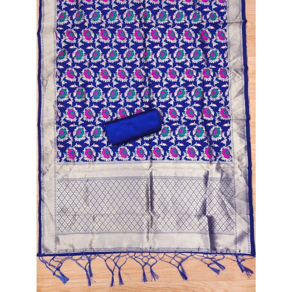 Generic Women's Banarasi Silk Printed Unstitched Salwar Suit Material With Dupatta (Rblue, 3Mtrs) - Salwar Suit - Material