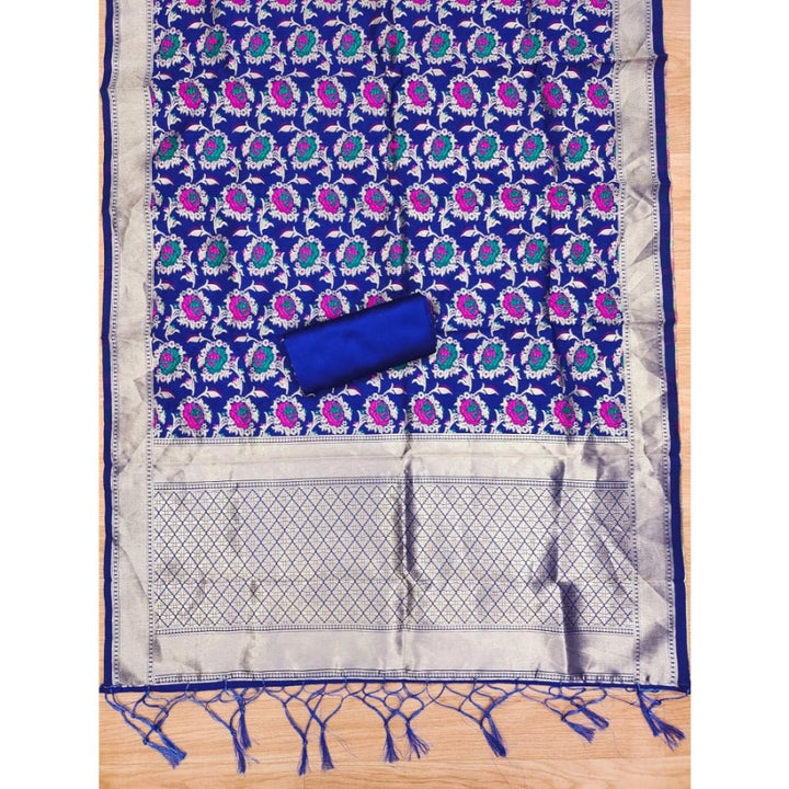 Generic Women's Banarasi Silk Printed Unstitched Salwar Suit Material With Dupatta (Rblue, 3Mtrs) - Salwar Suit - Material