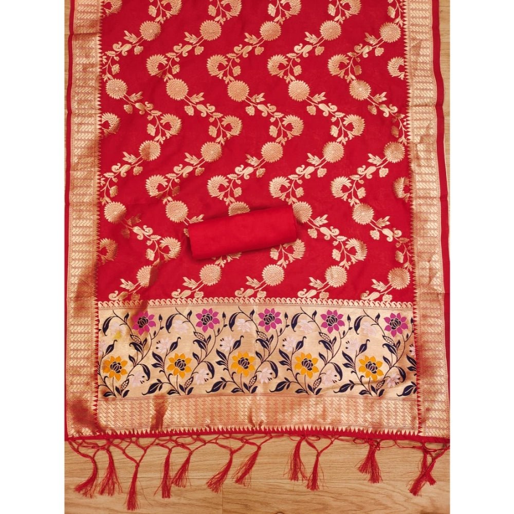 Generic Women's Banarasi Silk Printed Unstitched Salwar Suit Material With Dupatta (Red, 3Mtrs) - Salwar Suit - Material
