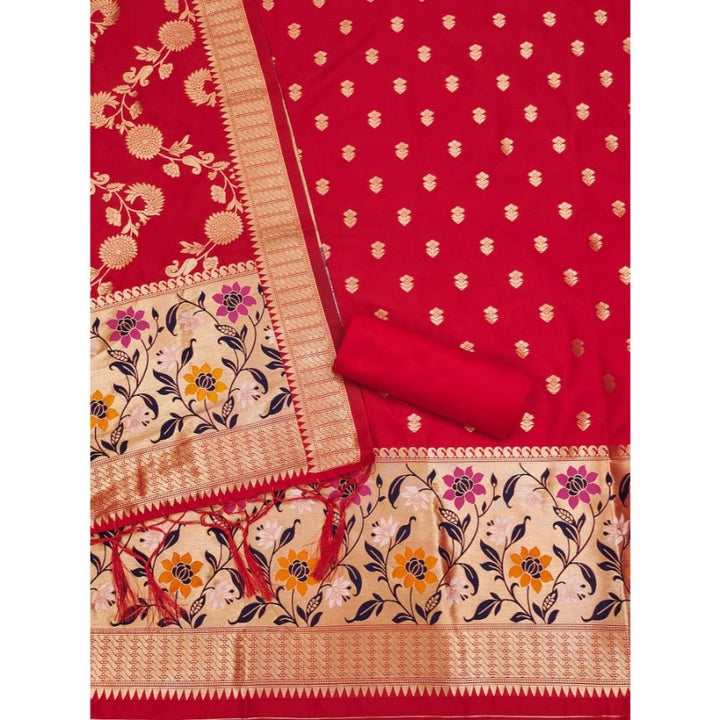 Generic Women's Banarasi Silk Printed Unstitched Salwar Suit Material With Dupatta (Red, 3Mtrs) - Salwar Suit - Material