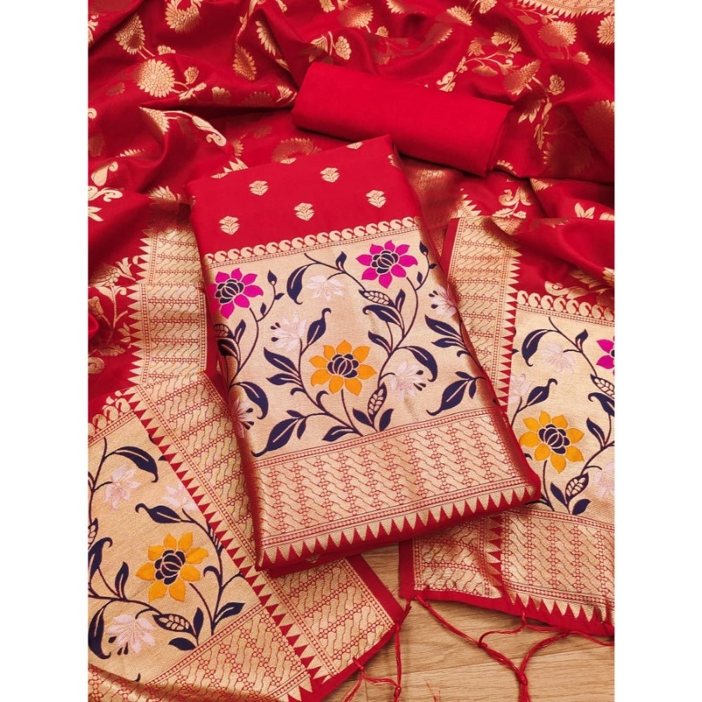 Generic Women's Banarasi Silk Printed Unstitched Salwar Suit Material With Dupatta (Red, 3Mtrs) - Salwar Suit - Material