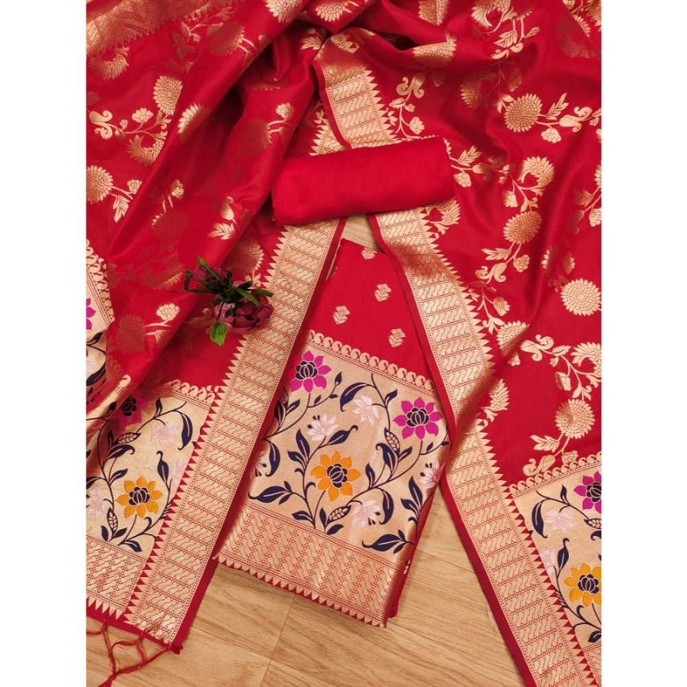 Generic Women's Banarasi Silk Printed Unstitched Salwar Suit Material With Dupatta (Red, 3Mtrs) - Salwar Suit - Material