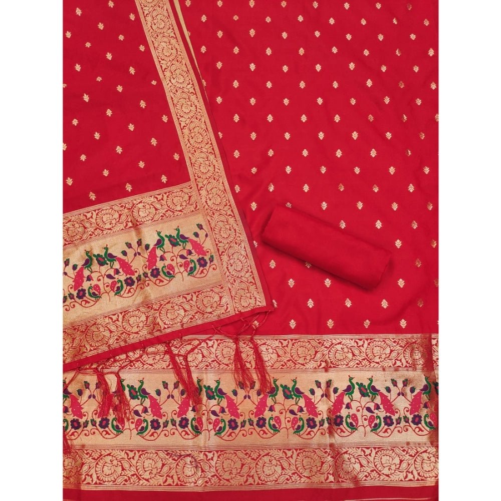 Generic Women's Banarasi Silk Printed Unstitched Salwar Suit Material With Dupatta (Red, 3Mtrs) - Salwar Suit - Material