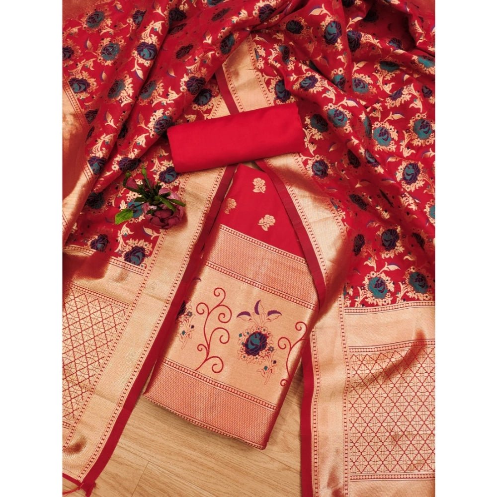 Generic Women's Banarasi Silk Printed Unstitched Salwar Suit Material With Dupatta (Red, 3Mtrs) - Salwar Suit - Material