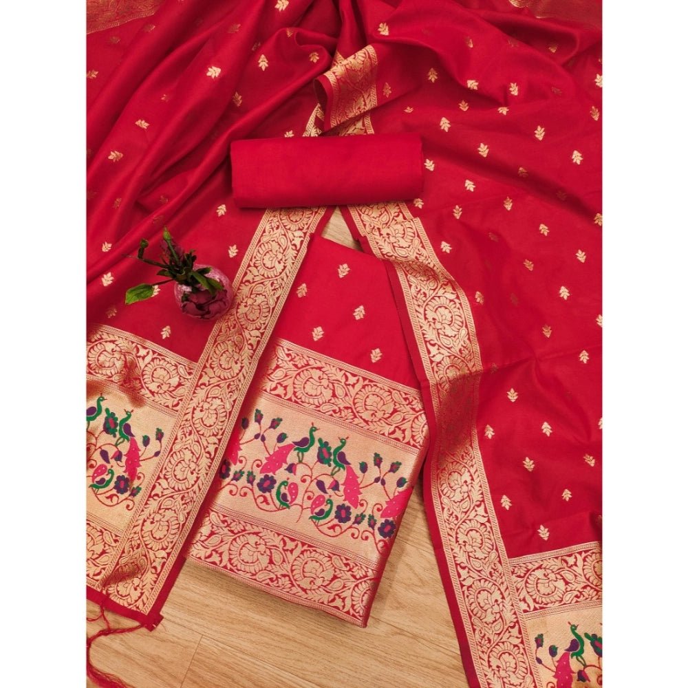 Generic Women's Banarasi Silk Printed Unstitched Salwar Suit Material With Dupatta (Red, 3Mtrs) - Salwar Suit - Material