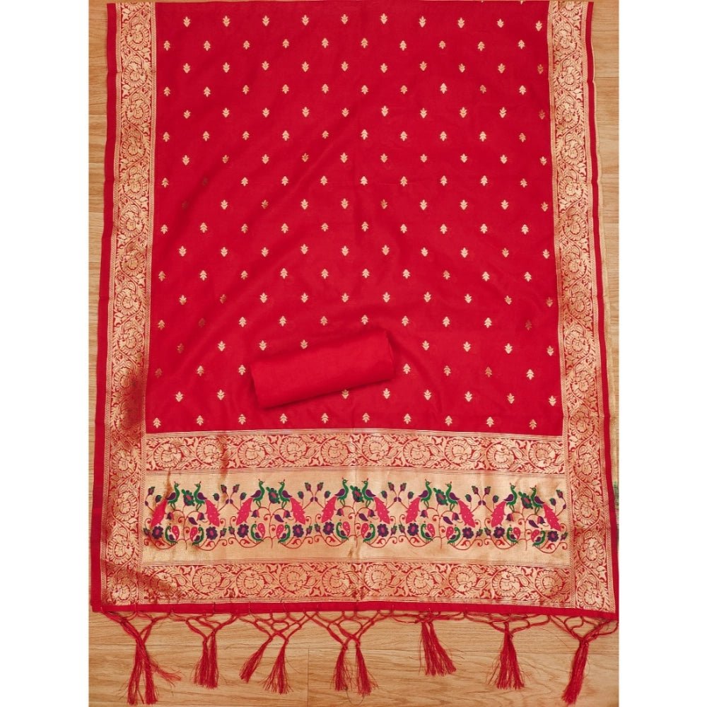 Generic Women's Banarasi Silk Printed Unstitched Salwar Suit Material With Dupatta (Red, 3Mtrs) - Salwar Suit - Material